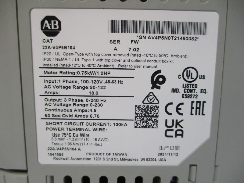 ALLEN BRADLEY 22A-V4P5N104 SER. A F/W 7.02 100-120VAC 18.0A NSMP