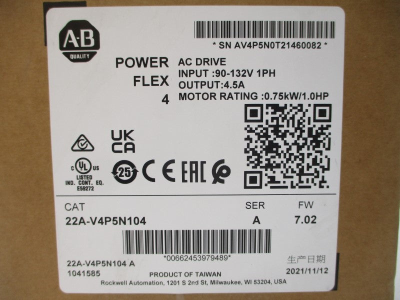 ALLEN BRADLEY 22A-V4P5N104 SER. A F/W 7.02 100-120VAC 18.0A NSMP