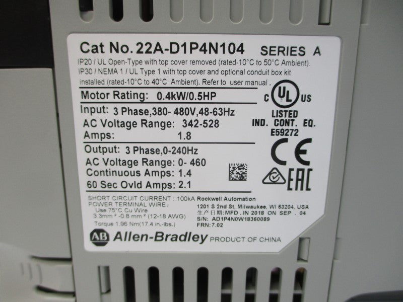 ALLEN BRADLEY 22A-D1P4N104 SER. A F/W 7.02 380-480VAC 1.8A NSMP