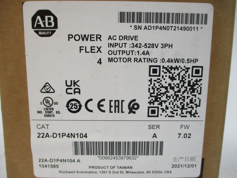 ALLEN BRADLEY 22A-D1P4N104 SER. A F/W 7.02 380-480VAC 1.8A NSMP