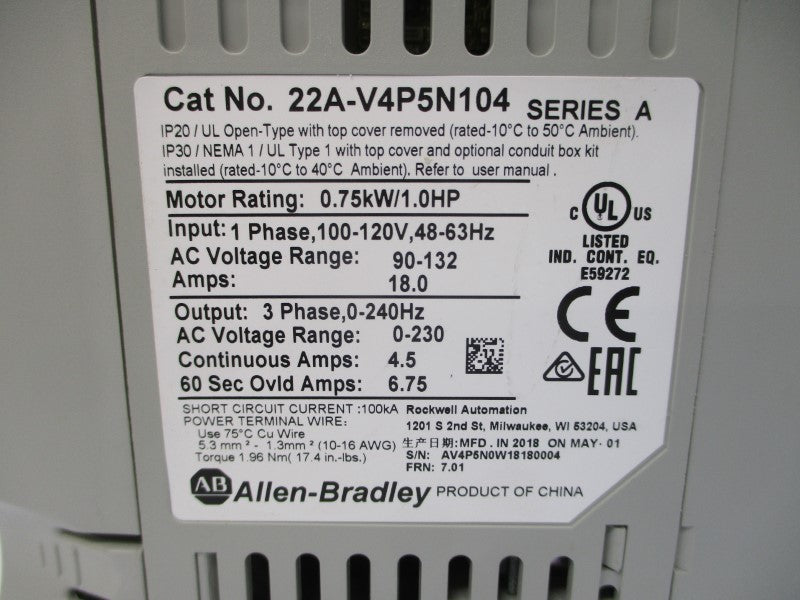 ALLEN BRADLEY 22A-V4P5N104 SER. A F/W 7.01 100-120VAC 18.0A NSMP
