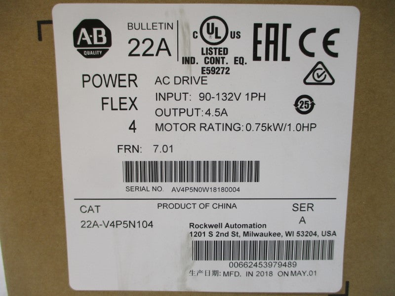 ALLEN BRADLEY 22A-V4P5N104 SER. A F/W 7.01 100-120VAC 18.0A NSMP