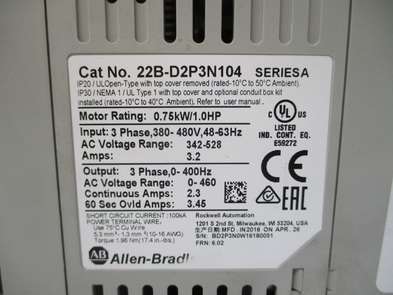 ALLEN BRADLEY 22B-D2P3N104 SER. A F/W 6.02 380-480VAC 3.2A NSNP