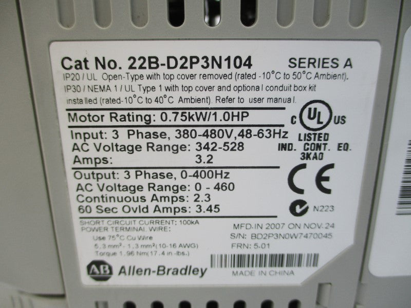 ALLEN BRADLEY 22B-D2P3N104 SER. A F/W 5.01 380-480VAC 3.2A NSNP