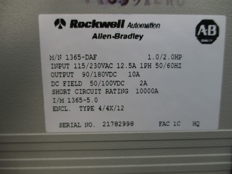 ALLEN BRADLEY 1365-DAF SER. A 115/230VAC 12.5A NSMP