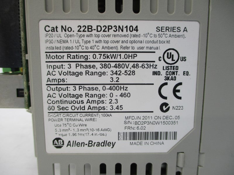 ALLEN BRADLEY 22B-D2P3N104 SER. A F/W 6.02 A 342-528VAC 3.2A (AS PICTURED) NSNP