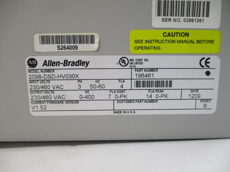 ALLEN BRADLEY 2098-DSD-HV030X SER. B F/W V1.52 230/460VAC 4A (BR/WH) NSMP