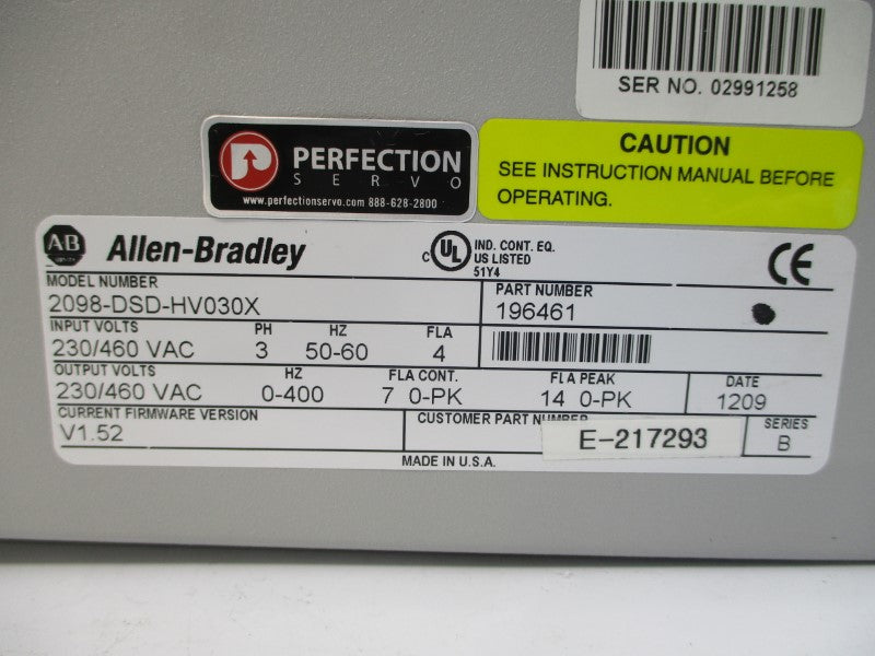 ALLEN BRADLEY 2098-DSD-HV030X SER. B F/W V1.52 230/460VAC 4A REMAN