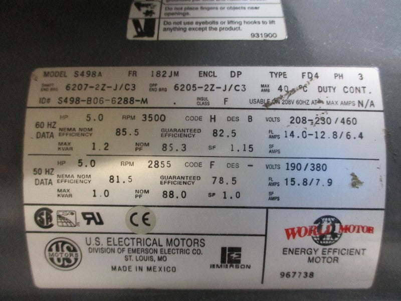 US MOTORS S498A S498-B06-6288-M 208-230/460V 14.0-12.8/6.4A NSMP