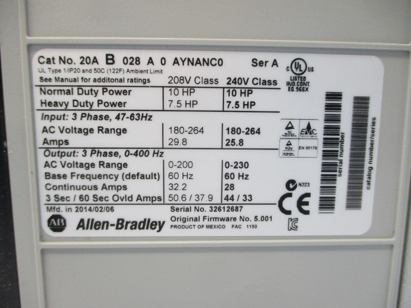 ALLEN BRADLEY 20AB028A0AYNANC0 SER. A F/W 5.001 240VAC 25.8A NSNP
