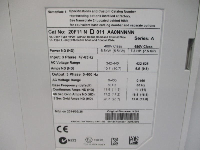 ALLEN BRADLEY 20F11ND011AA0NNNNN SER. A F/W 9.001 480VAC 9.5A NSNP