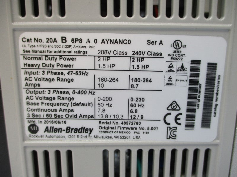ALLEN BRADLEY 20AB6P8A0AYNANC0 SER. A F/W 5.001 180-264VAC 8.7A NSMP