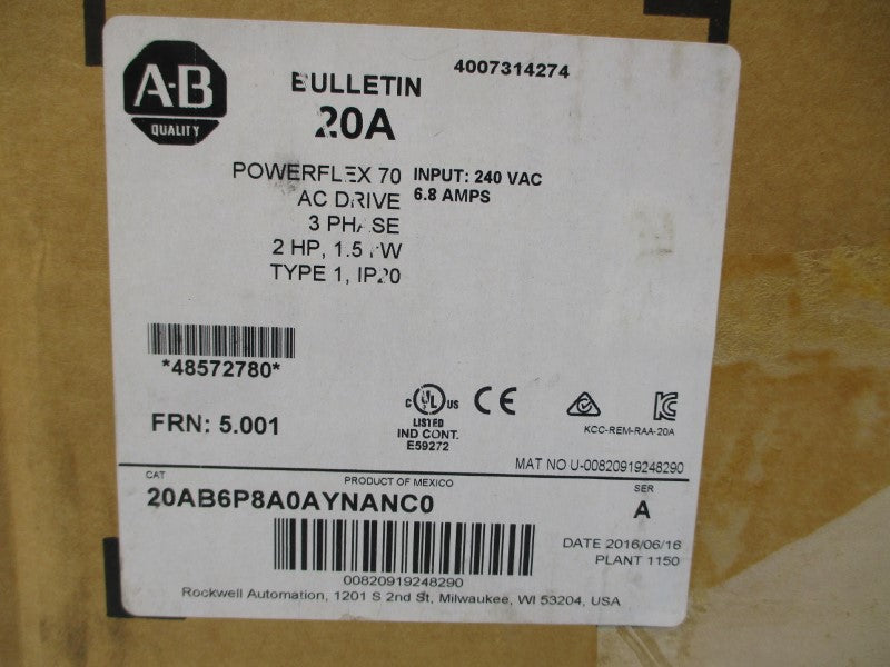 ALLEN BRADLEY 20AB6P8A0AYNANC0 SER. A F/W 5.001 180-264VAC 8.7A NSMP