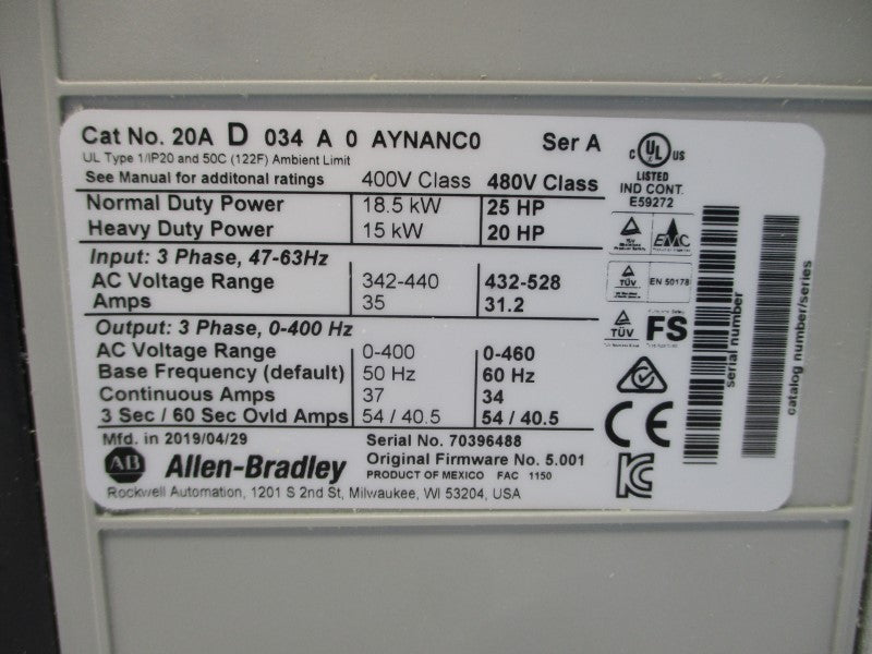 ALLEN BRADLEY 20AD034A0AYNANC0 SER. A F/W 5.001 480VAC 31.2A NSMP