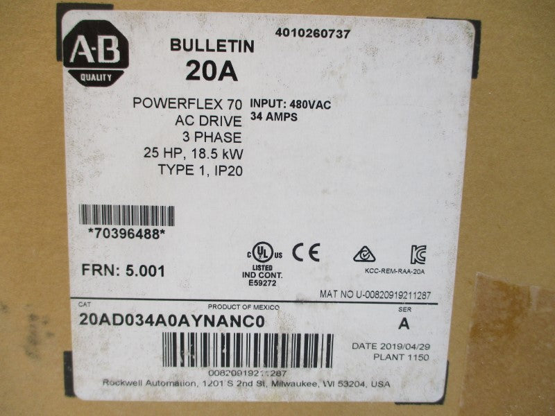 ALLEN BRADLEY 20AD034A0AYNANC0 SER. A F/W 5.001 480VAC 31.2A NSMP