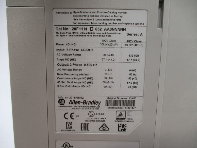ALLEN BRADLEY 20F11ND052AA0NNNNN SER. A F/W 13.003 480VAC 47.7A NSMP