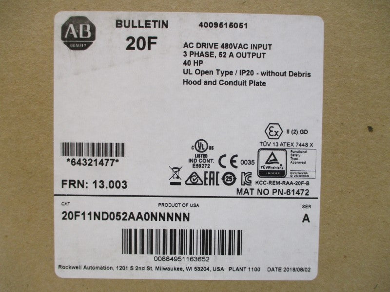 ALLEN BRADLEY 20F11ND052AA0NNNNN SER. A F/W 13.003 480VAC 47.7A NSMP