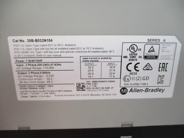 ALLEN BRADLEY 25B-B032N104 SER. A F/W 5.001 200-240VAC 32.2A NSMP