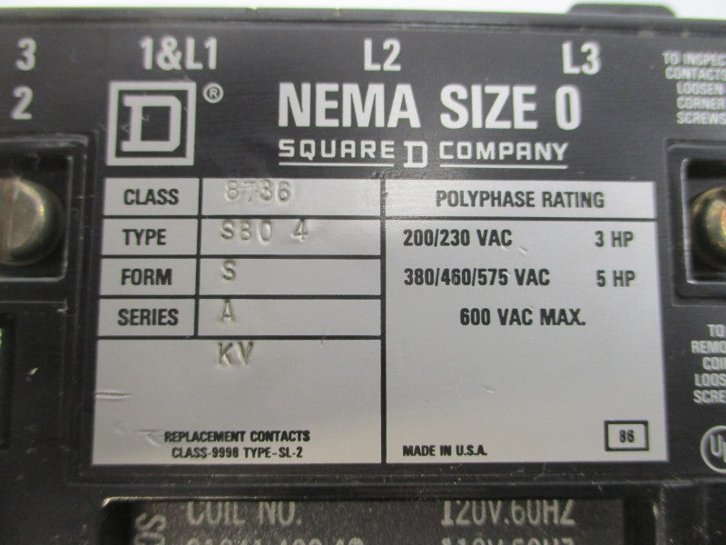 SQUARE D 8736SBO4V02S SER. A 110/120V UNMP