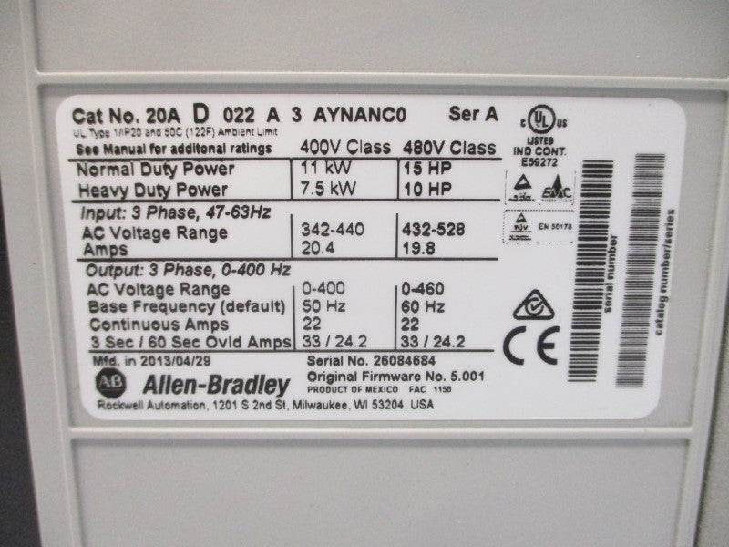 ALLEN BRADLEY 20AD022A3AYNANC0 SER. A F/W 5.001 480VAC 19.8A NSNP