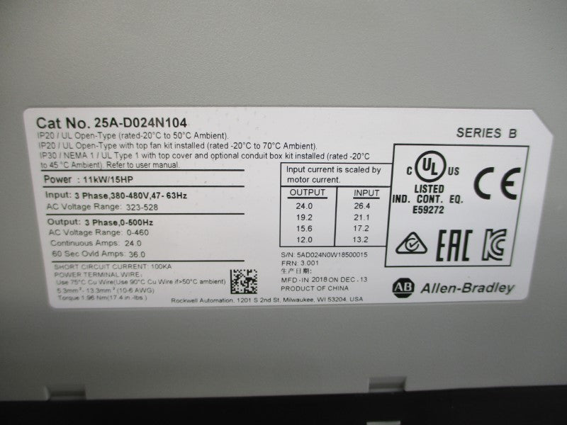 ALLEN BRADLEY 25A-D024N104 SER. B F/W 3.001 380-480VAC 24.0A NSMP