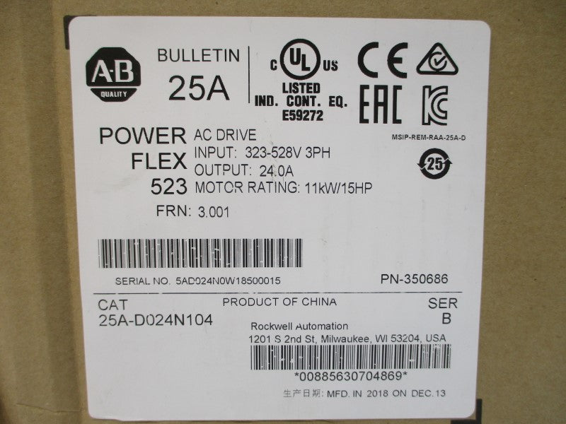 ALLEN BRADLEY 25A-D024N104 SER. B F/W 3.001 380-480VAC 24.0A NSMP