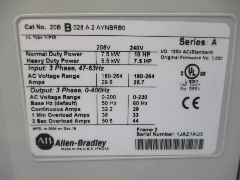 ALLEN BRADLEY 20BB028A2AYNBRB0 SER. A F/W 3.002 240VAC 25.7A UNMP