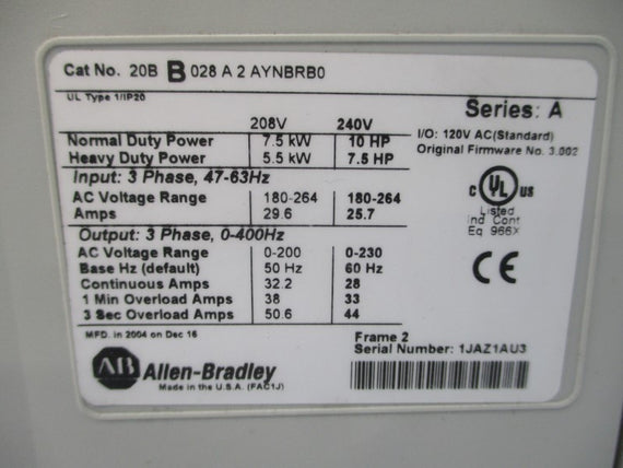 ALLEN BRADLEY 20BB028A2AYNBRB0 SER. A F/W 3.002 240VAC 25.7A UNMP
