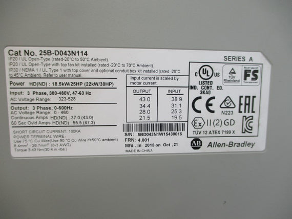 ALLEN BRADLEY 25B-D043N114 SER. A F/W 4.001 380-480VAC 37.0A NSMP
