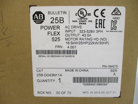 ALLEN BRADLEY 25B-D043N114 SER. A F/W 4.001 380-480VAC 37.0A NSMP
