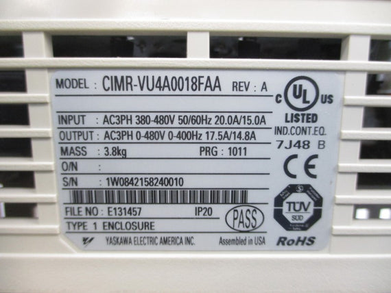 YASKAWA CIMR-VU4A0018FAA 380-480VAC 20.0/15.0A REV. A (AS PICTURED) UNMP