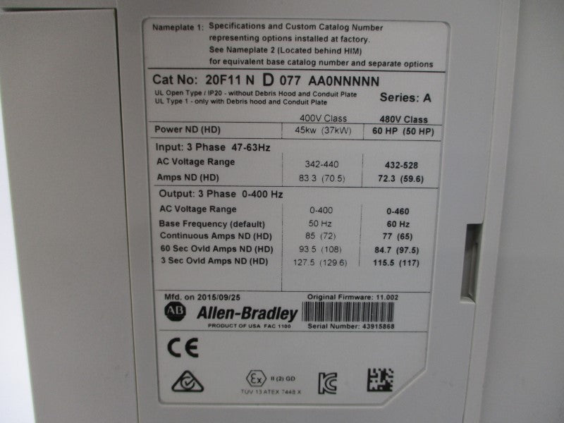 ALLEN BRADLEY 20F11ND077AA0NNNNN SER. A F/W 11.002 480VAC 72.3A UNMP