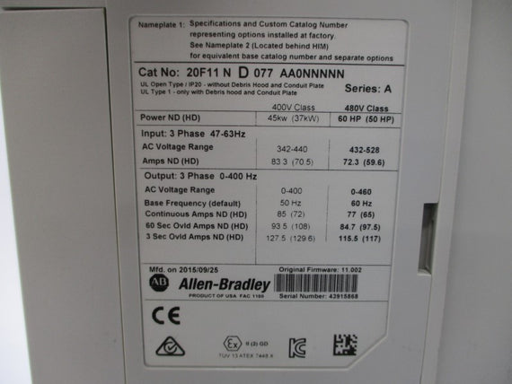 ALLEN BRADLEY 20F11ND077AA0NNNNN SER. A F/W 11.002 480VAC 72.3A UNMP