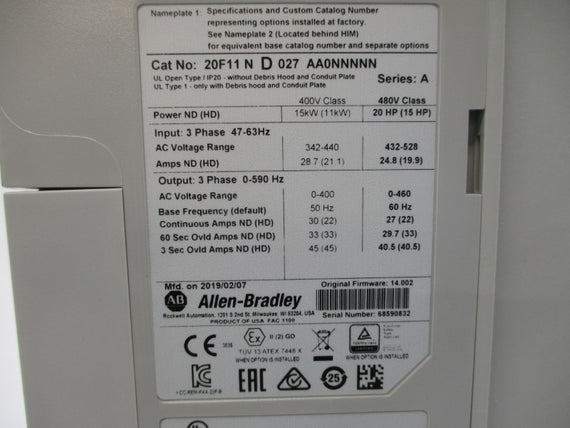 ALLEN BRADLEY 20F11ND027AA0NNNNN SER. A F/W 14.002 480VAC 24.8A NSMP