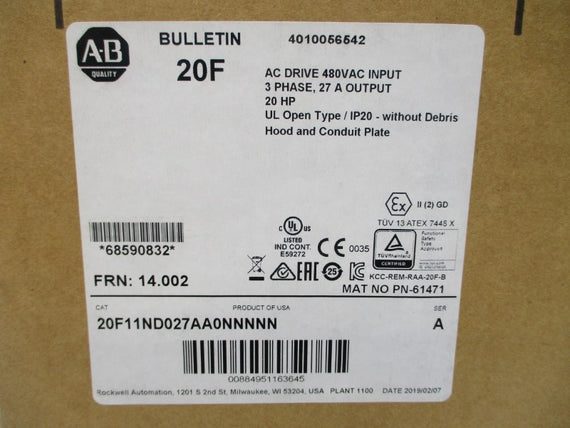 ALLEN BRADLEY 20F11ND027AA0NNNNN SER. A F/W 14.002 480VAC 24.8A NSMP