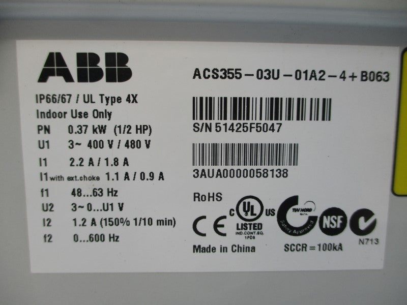 ABB ACS355-03U-01A2-4+B063 400/480V 2.2/1.8A UNMP