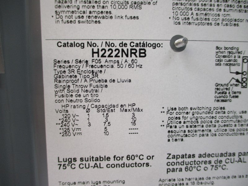 SQUARE D H222NRB SER. F05 240VAC 60A NSMP