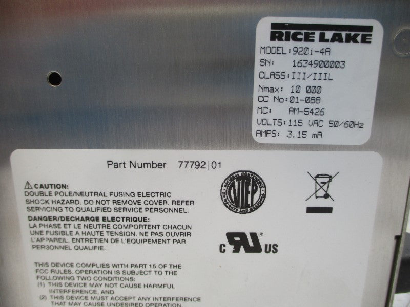 RICE LAKE 920I-4A 77792/01 115VAC 3.15A NSNP