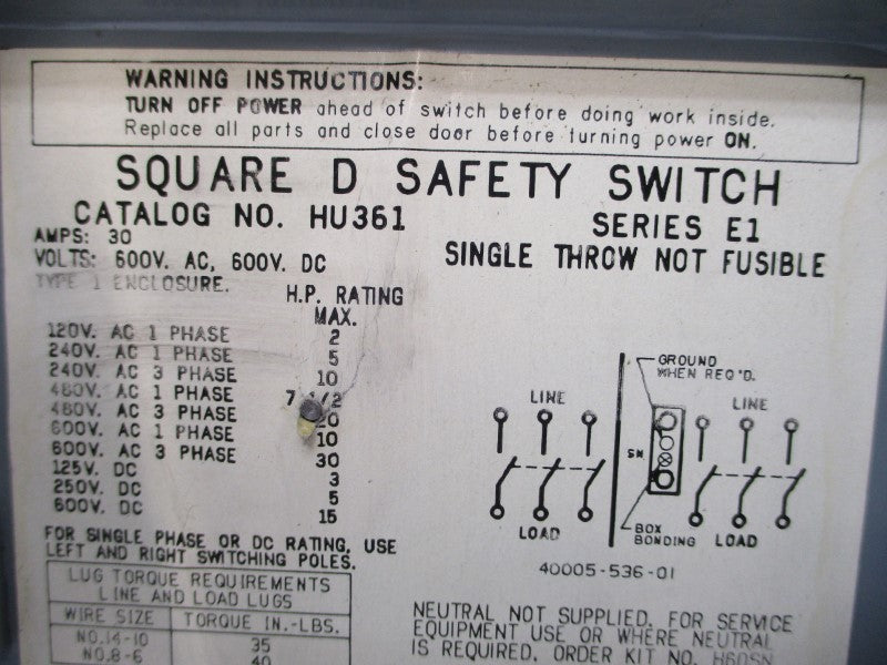 SQUARE D HU361 SER. E1 600VAC 30A UNMP