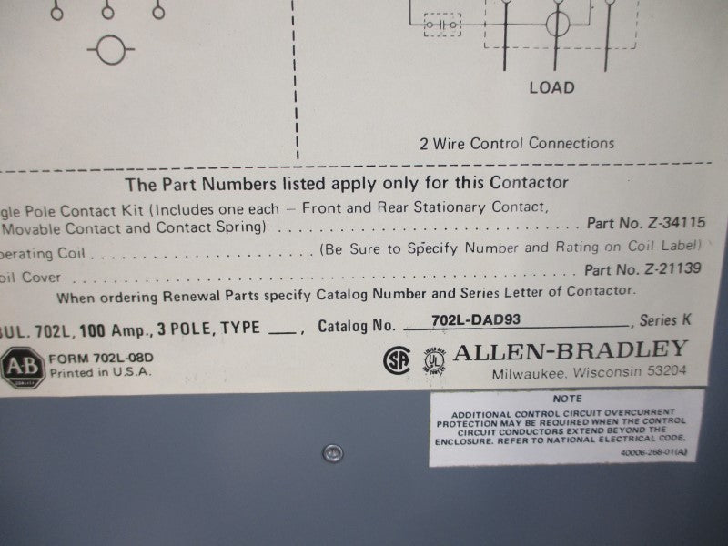ALLEN BRADLEY 702L-DAD93 SER. K 110/120V 90A NSNP