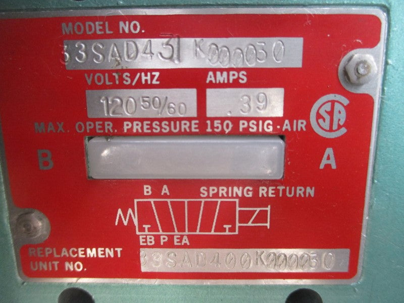 NUMATICS 33SAD431K000030 120V .39A 150PSI NSNP