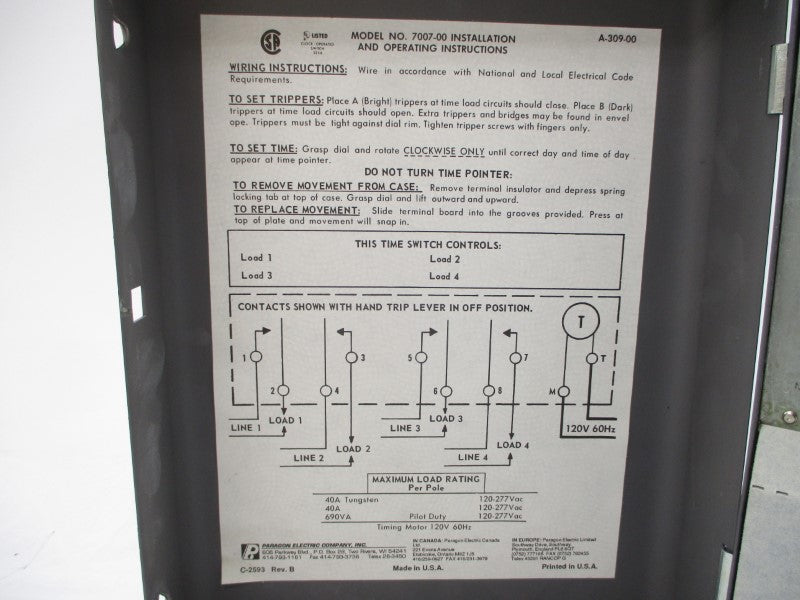 PARAGON ELECTRIC 7007-00 120VAC 40A NSMP