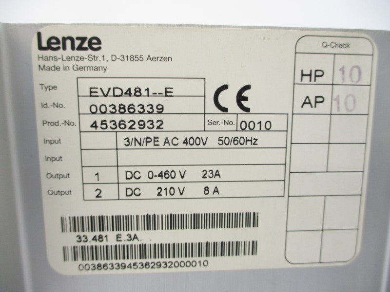 LENZE EVD481--E 00386339 400VAC 23A NSNP