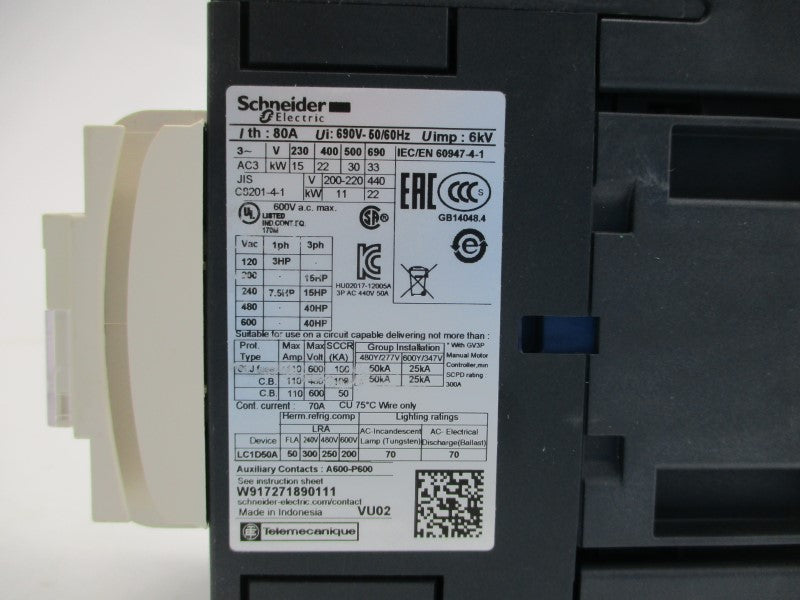 SCHNEIDER ELECTRIC LC1D50AU7 240V 80A NSNP