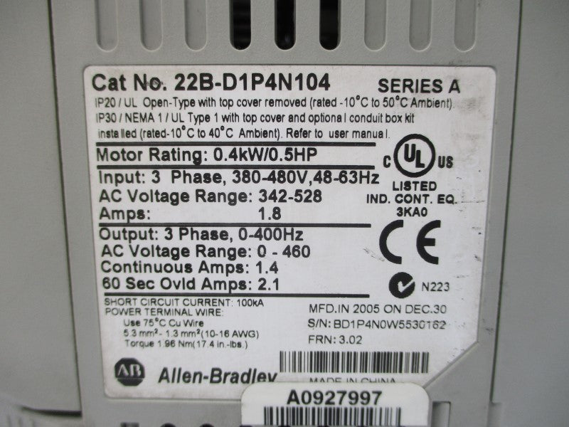 ALLEN BRADLEY 22B-D1P4N104 SER. A F/W 3.02 380-480VAC 1.8A UNMP