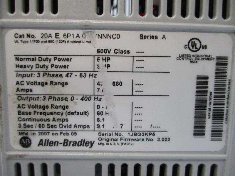 ALLEN BRADLEY 20AE6P1A0AYNNNC0 SER. A F/W 3.002 432-660VAC 7.5A UNMP