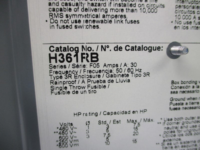 SQUARE D H361RB SER. F05 600VAC 30A NSMP
