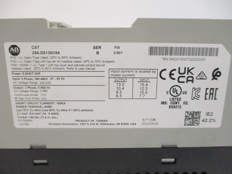 ALLEN BRADLEY 25A-D013N104 SER. B F/W 3.001 323-528VAC 13.0A NSMP