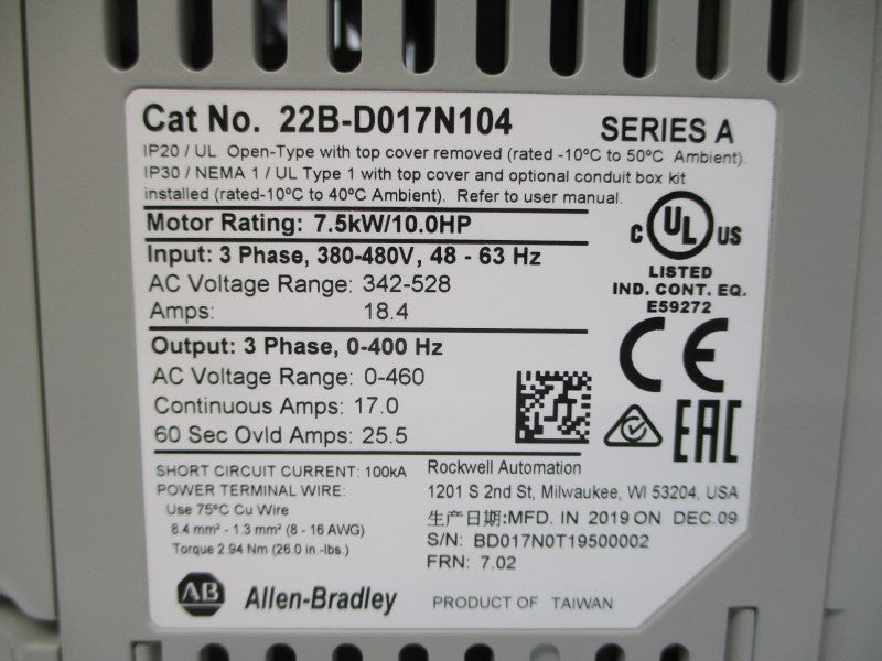 ALLEN BRADLEY 22B-D017N104 SER. A F/W 7.02 380-480VAC 18.4A NSMP
