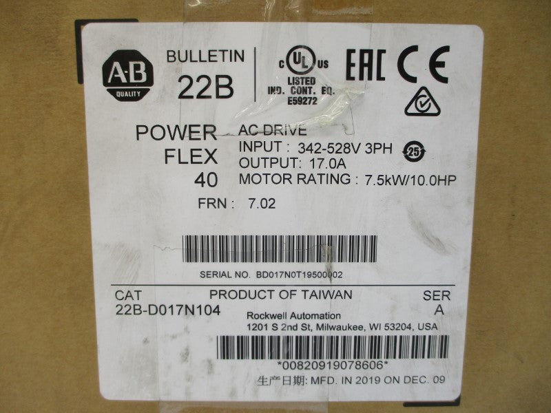 ALLEN BRADLEY 22B-D017N104 SER. A F/W 7.02 380-480VAC 18.4A NSMP